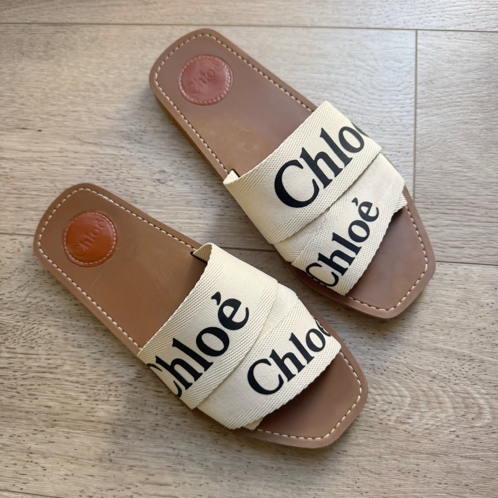 Chloe Woody Logo Canvas Slide Sandals